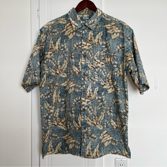 OP Men's Short Sleeve Hawaiian Shirt, Retro Leaf Print, Blue, Large - Picture 2 of 5